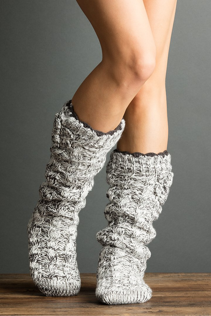 Thick Cable Knit  Round Toe Knee High  Faux Fur Interior  Hand Knit Slipper  Soft Sole in Flannel