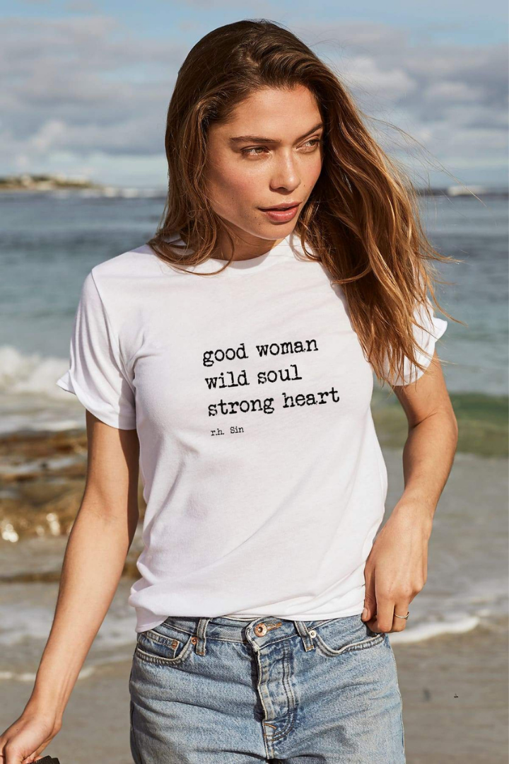 Bailage Haired Caucasian Female wearing a Graphic Quoted Tee  Poly-Viscose Blend Basic Casual  Scoop Neck Top  Regular Fit T-Shirt in White