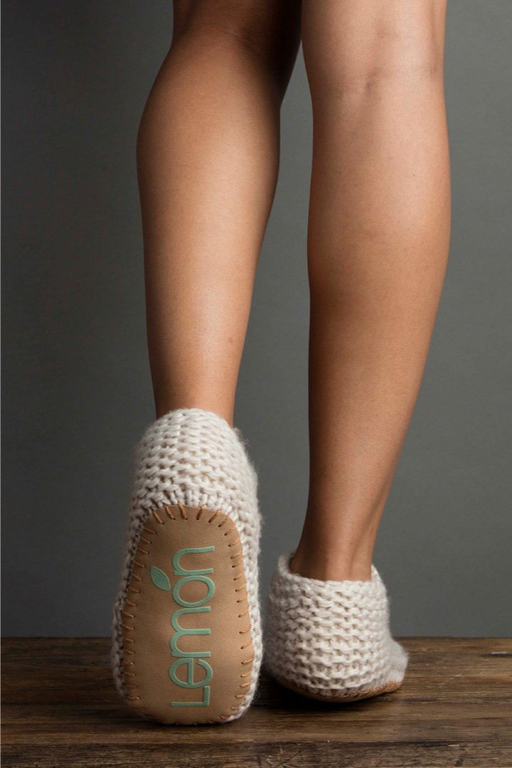 Cable Knit  Soft Round-Toe  Ankle-Length  Low-Cut  Easy Slip-On  Hand-Knit Sole  Multicolor  Indoor Bootie Slipper in Ivory