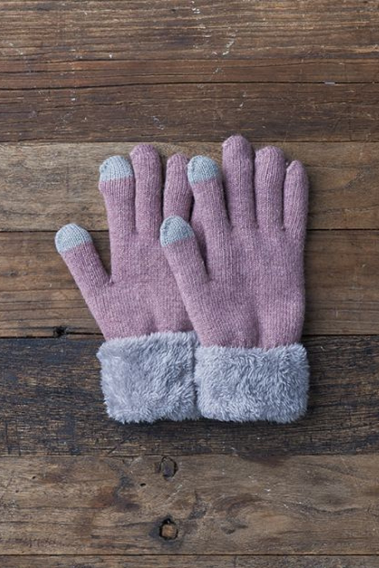 Light burgundy wool blend tech device friendly ribbed detailed faux velvet fur cuff mittens with e-tip forefinger and thumb