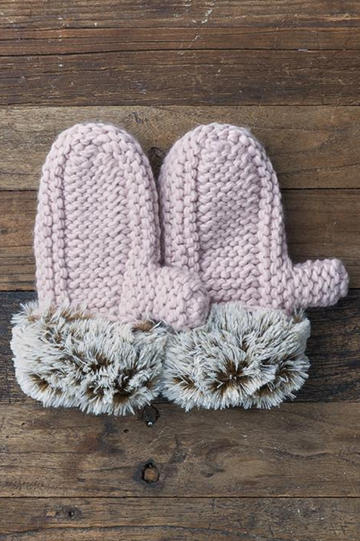 Faux Fur Cuffs  Chunky Cable Knit  Warm  Cozy Thick  Plush Lining Winter Gloves  Stretchy Winter Mittens in Blush