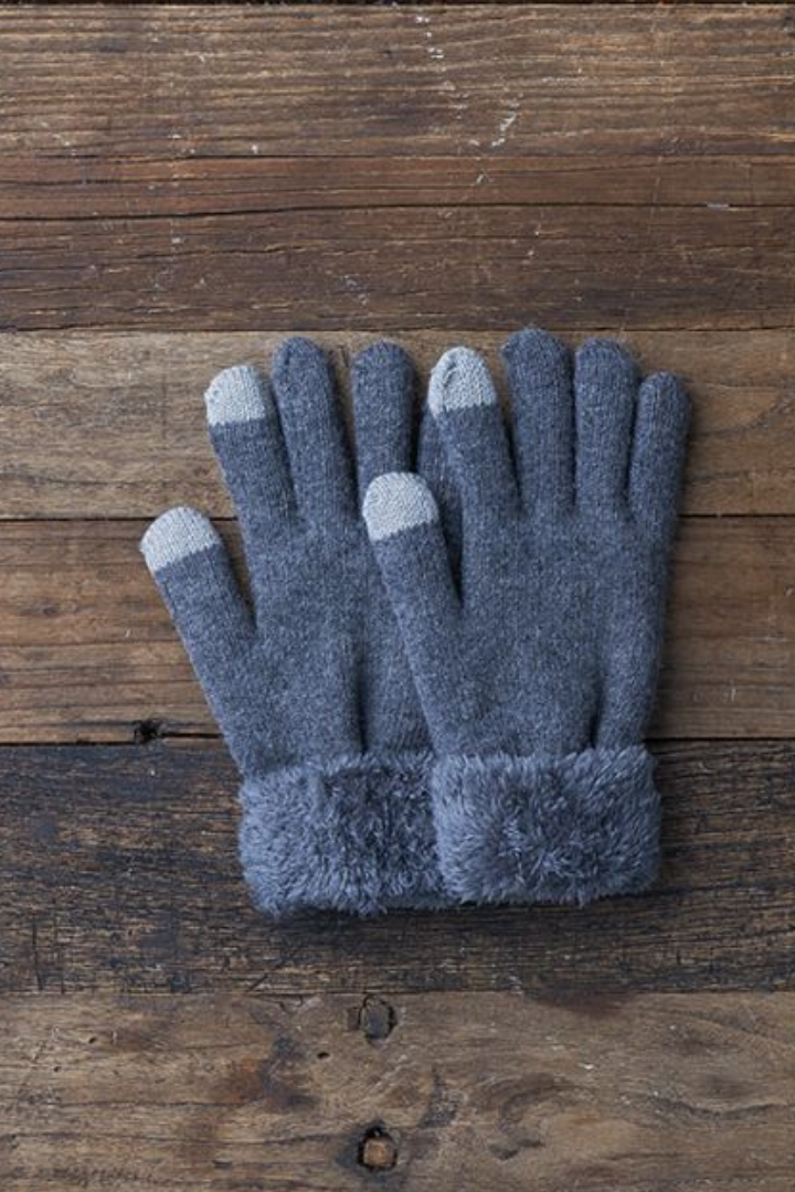 Icy blue wool blend tech device friendly ribbed detailed faux velvet fur cuff mittens with e-tip forefinger and thumb
