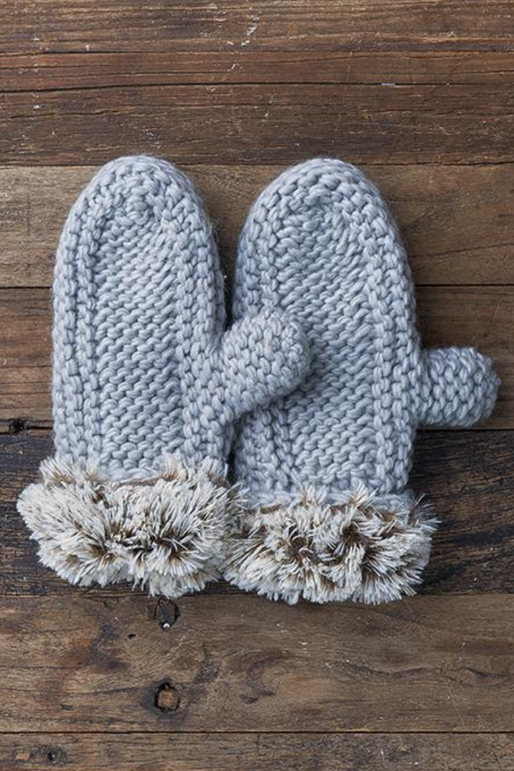 Faux Fur Cuffs  Chunky Cable Knit  Warm  Cozy Thick  Plush Lining Winter Gloves  Stretchy Winter Mittens in Light Grey