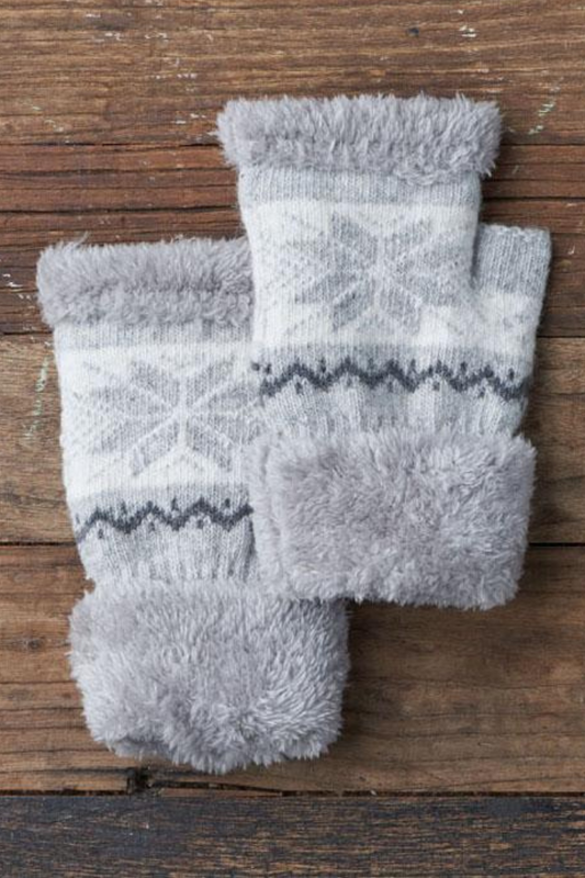 Snowflake pattern  Velvety faux fur cuffs  Designed for On the Move Ultra Soft Against Skin  Cozy Textured Wool-Blend Material  Device Friendly  Fingerless Wool-Blend mittens 