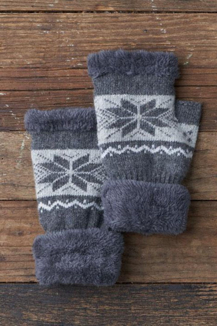 Snowflake pattern  Velvety faux fur cuffs  Designed for On the Move Ultra Soft Against Skin  Cozy Textured Wool-Blend Material  Device Friendly  Fingerless Wool-Blend mittens 
