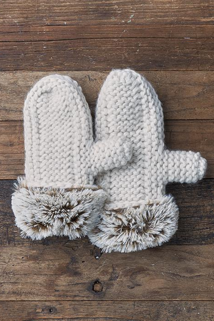 Faux Fur Cuffs  Chunky Cable Knit  Warm  Cozy Thick  Plush Lining Winter Gloves  Stretchy Winter Mittens in Ivory