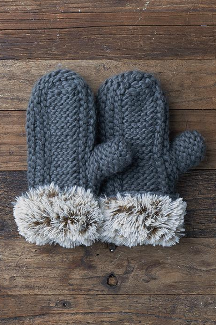 Faux Fur Cuffs  Chunky Cable Knit  Warm  Cozy Thick  Plush Lining Winter Gloves  Stretchy Winter Mittens in Charcoal