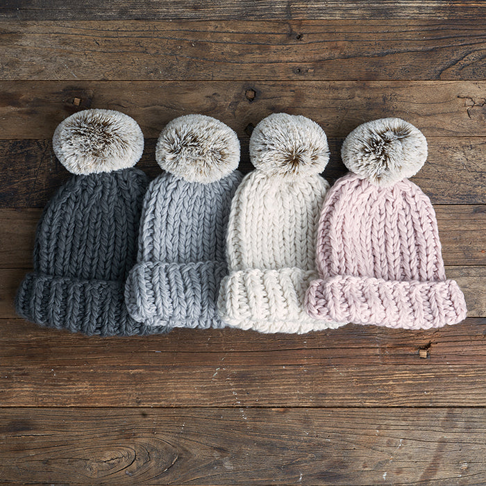 Chunky Cable Knit Faux Fur Pom Pom Ribbed Detailed Timeless Winter Accessory Stretchy Toque Easy Slip On Beanies in Charcoal, Light Grey, Ivory and Blush