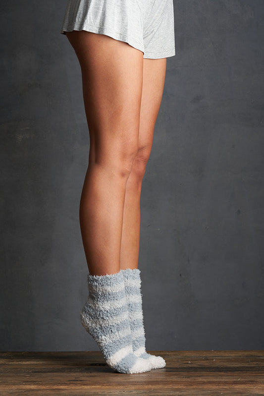 Fluffy  Warm Basic Casual Ribbed Details  Multicolored  Striped  Mid-Calf Length  Crew Sock in Grey and Teal