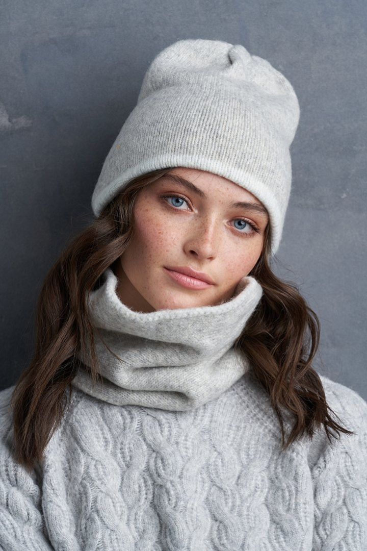 Brunette Blue Eyed Caucasian female wearing Ribbed-knit  Warm  Soft  Casual  Cozy  Reversible  Stretchy Toque  Easy Slip-On Beanie 