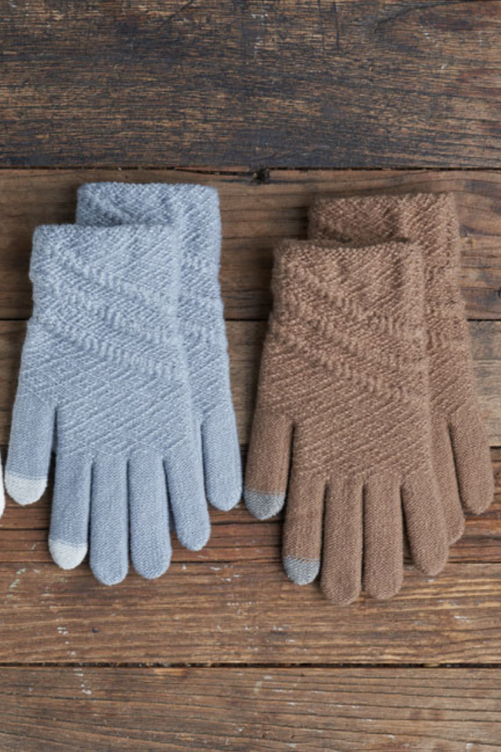 Pair of Cute Printed Mittens  Warm  Lightweight  Sophisticated  Ribbed Detailing  Touchscreen Friendly Finger Tips  2 touchable fingers (thumb & forefinger) Stylish  Fashionable Tech Gloves in Baby Blue and Chocolate Brown