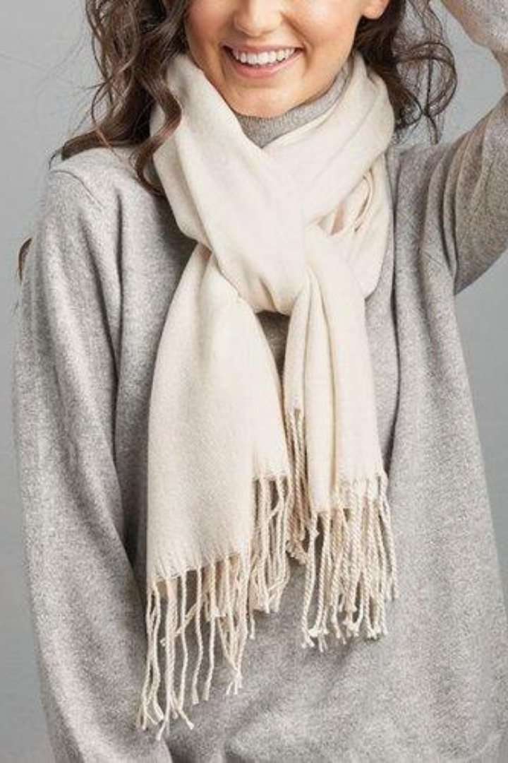 Luxurious  Sophisticated  Soft Cashmere-Blend  Tassel Fringe  Neutral Cream  Timeless fall or winter accessory  Warm Scarf