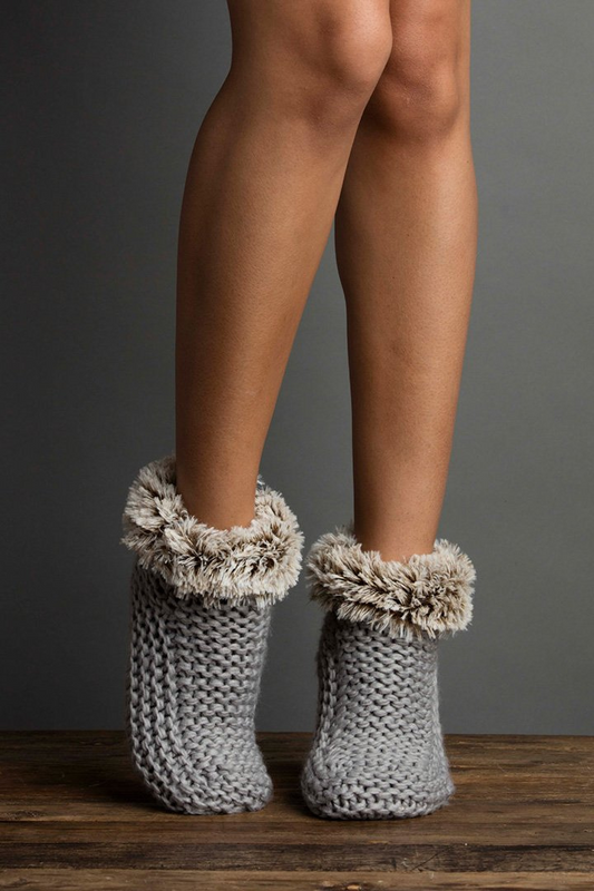 Chunky Knit  Slip-on Ankle-High  Round Toe  Warm Interior  Faux Fur Ankle Cuff  Snug Fit  Soft Sole  Booty Slipper in Grey